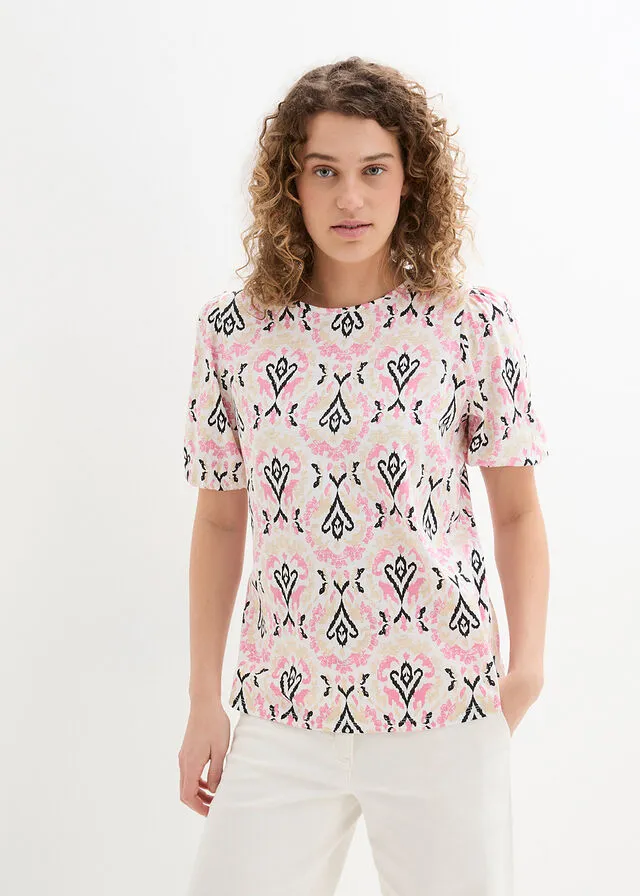 CAMISETA ESTAMPADA CON MEDIA MANGA BLANCOROSA BRILLANTE ESTAMPADO
