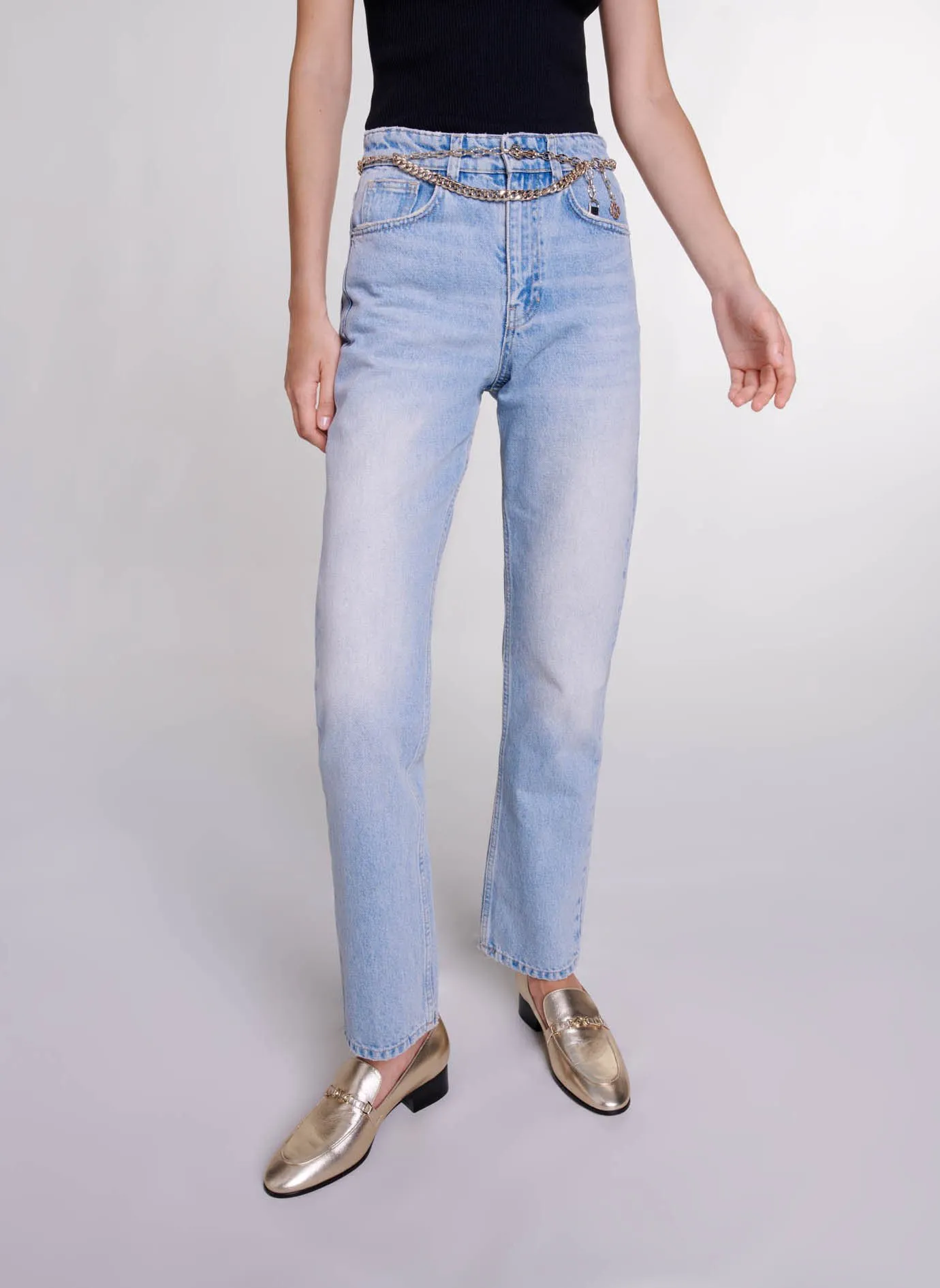 MAJE Pantalón recto de talle bajo en denim lavado en azul