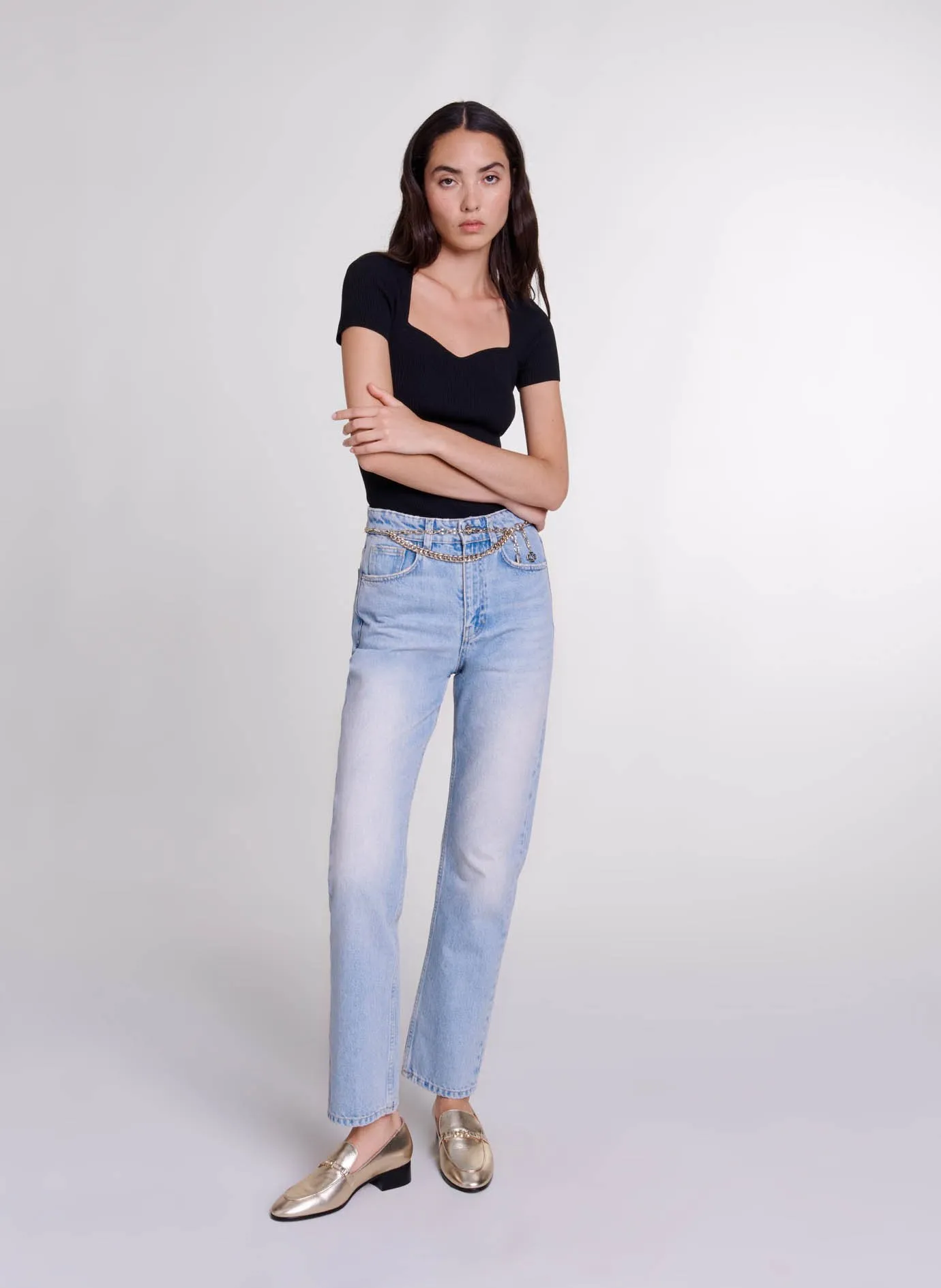 MAJE Pantalón recto de talle bajo en denim lavado en azul