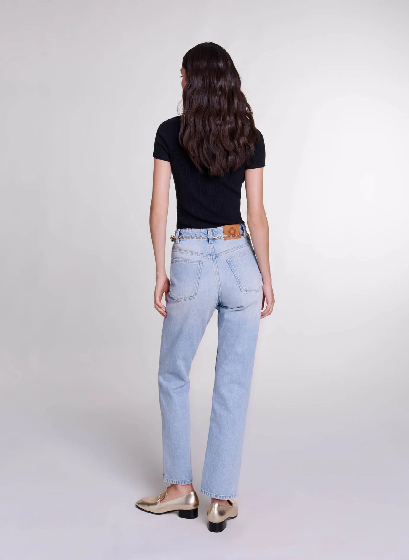 MAJE Pantalón recto de talle bajo en denim lavado en azul
