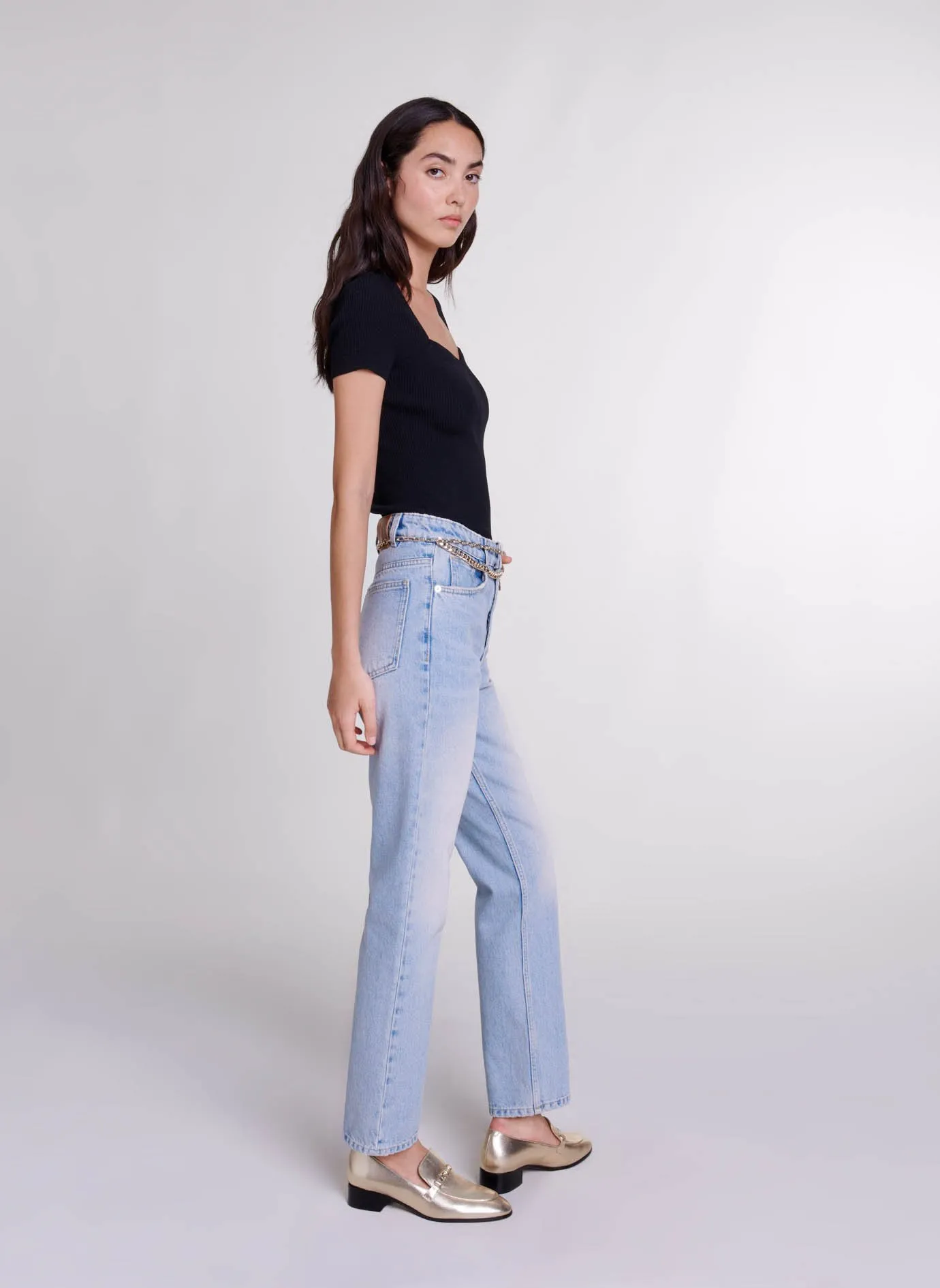 MAJE Pantalón recto de talle bajo en denim lavado en azul