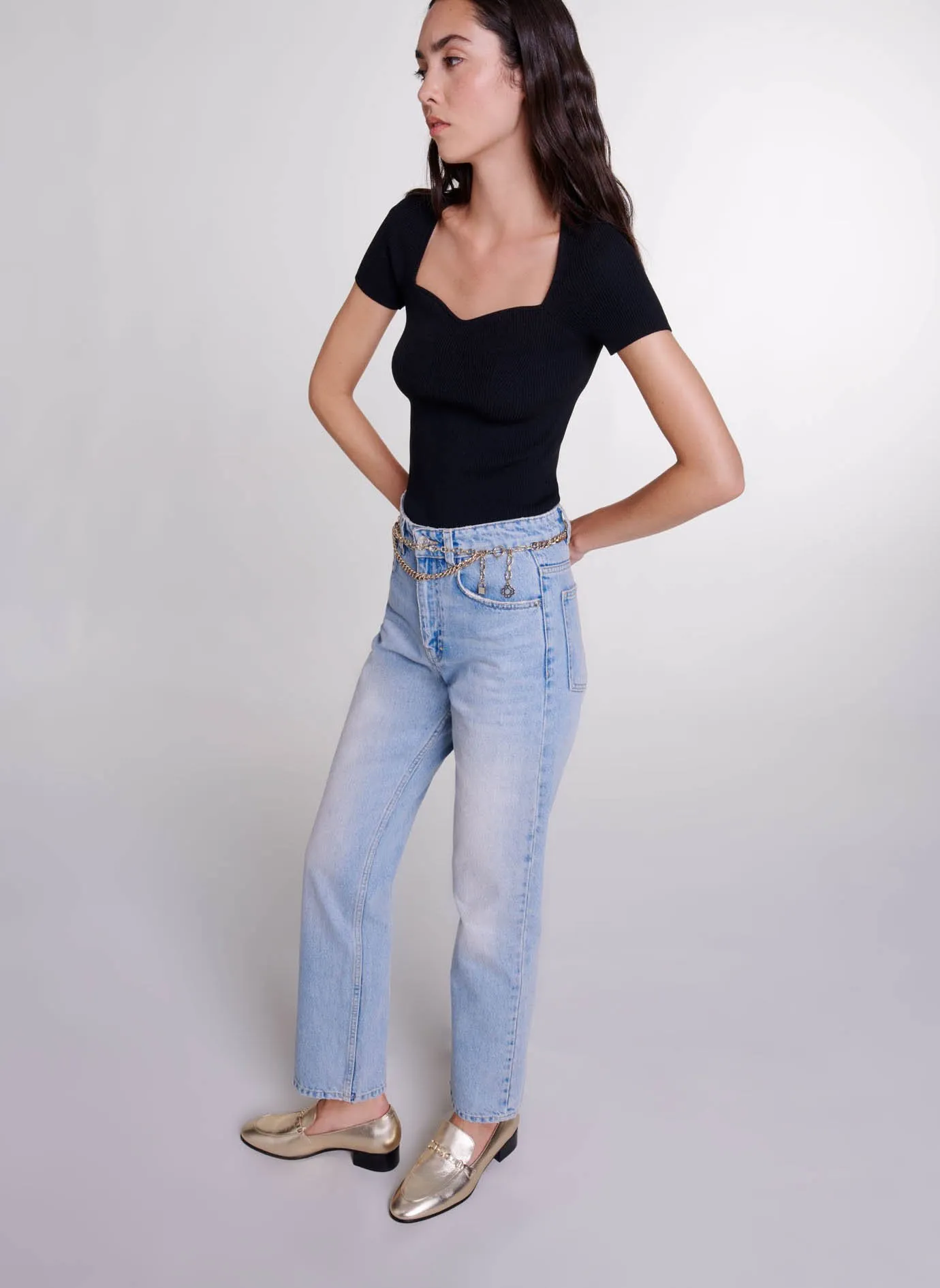 MAJE Pantalón recto de talle bajo en denim lavado en azul