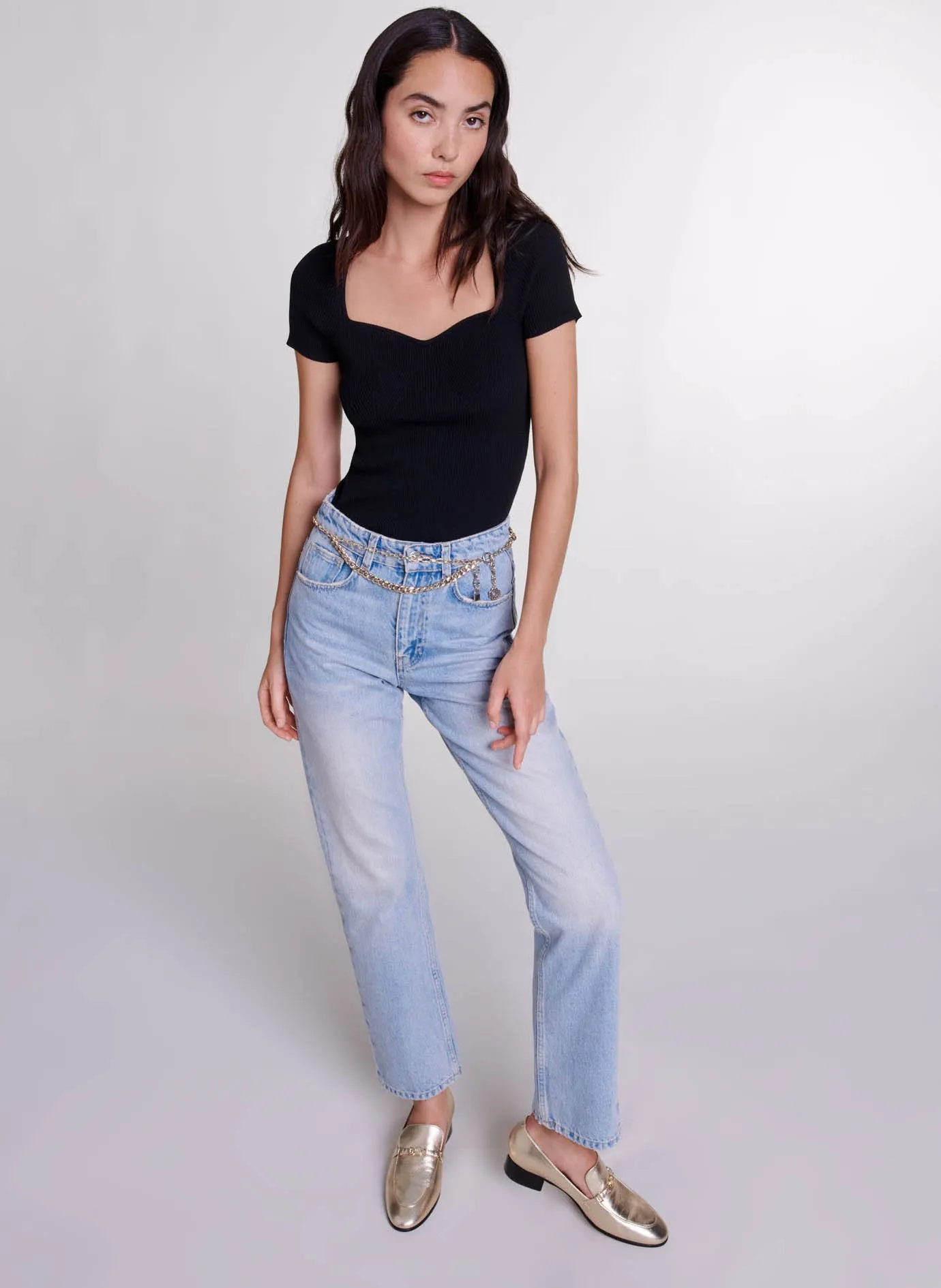 MAJE Pantalón recto de talle bajo en denim lavado en azul