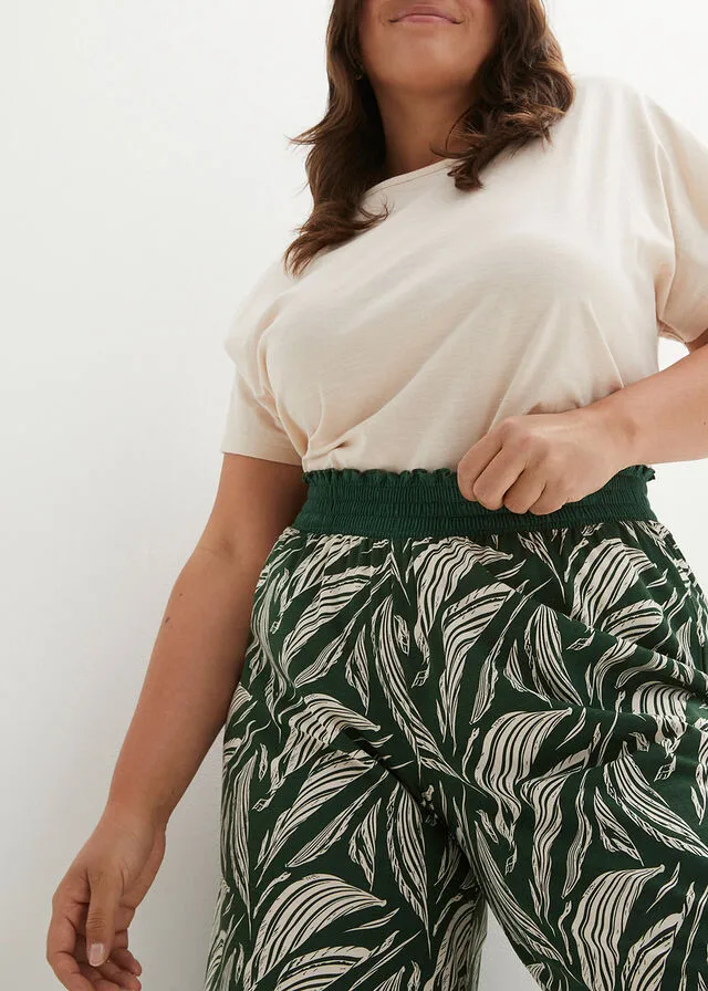 PANTALóN DE PUNTO ANCHO CON NIDO DE ABEJA MARRóN TIERRABEIGE ARENA CON ESTAMPADO