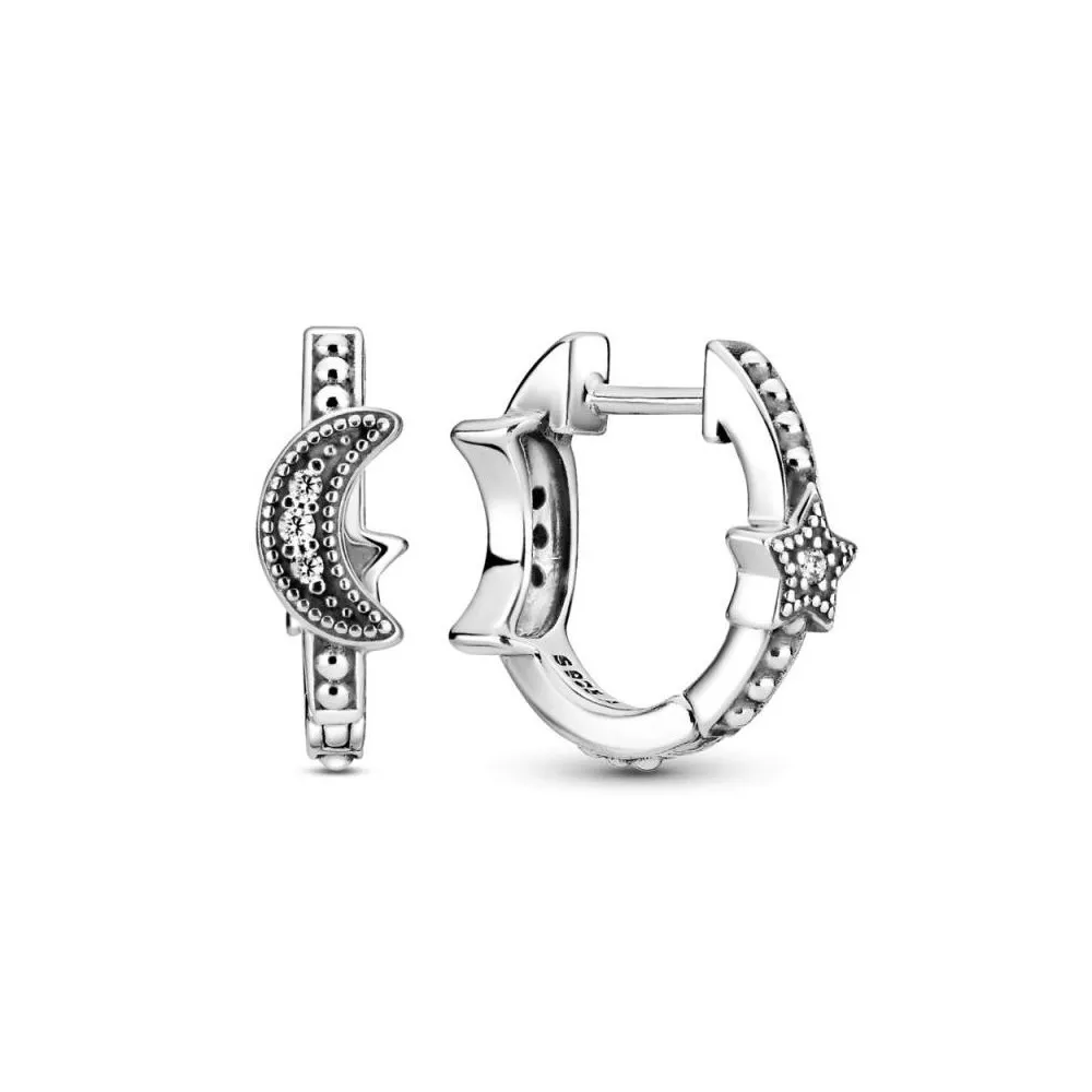 Pendientes de aro de plata de ley con luna y estrella con Zirconia cúbica transparente