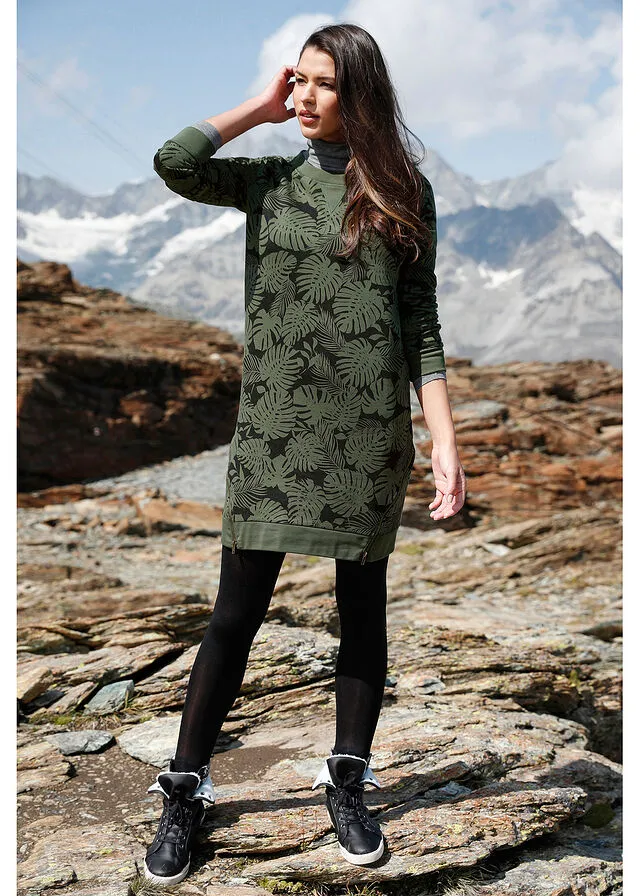 VESTIDO ESTAMPADO TIPO SUDADERA VERDE OLIVA OSCURONEGRO ESTAMPADO