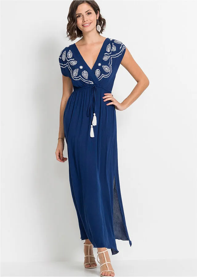 VESTIDO LARGO AZUL OSCUROBLANCO LANA