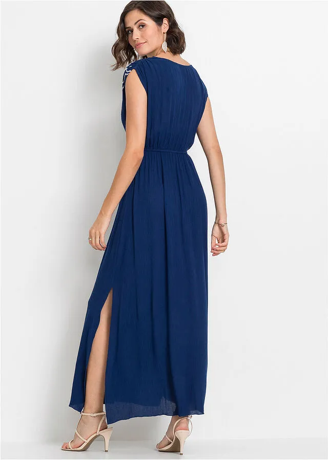 VESTIDO LARGO AZUL OSCUROBLANCO LANA