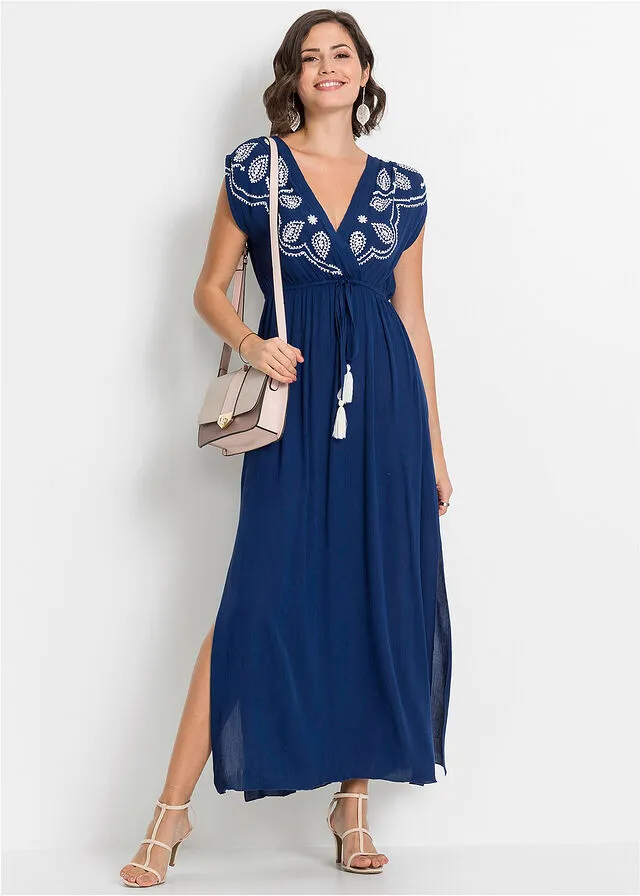 VESTIDO LARGO AZUL OSCUROBLANCO LANA