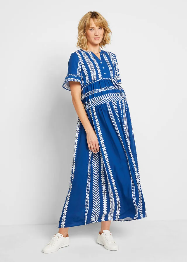 VESTIDO LARGO PREMAMá/DE LACTANCIA BLANCOAZUL REAL CON ESTAMPADO GRáFICO